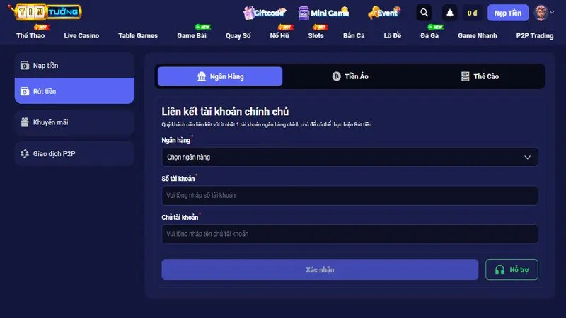 Check số dư và điền thông tin rút tiền Tin88 theo đúng yêu cầu
